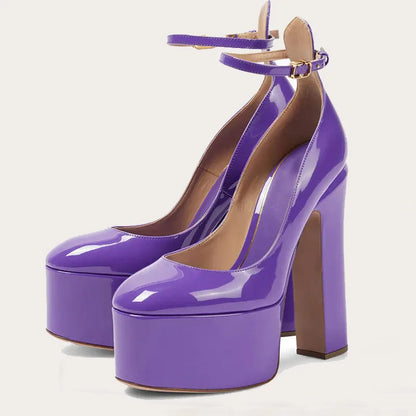 Women New European And American Style Super High Heels Patent Leather Round Toe Thick Sole Large Size Thick Heel Shoes