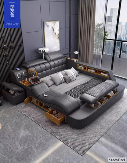 MINGDIBAO Luxury King Size Genuine Leather Bed / Tech Smart Bed / Multifunctional Ultimate Beds / Massage Bed with USB,Projecter