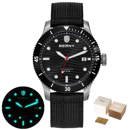 BERNY Automatic Diving Wristwatch for Men PT5000 Movement 20ATM Waterproof Luminous Sapphire Mechanical Sport Divers Watch Men