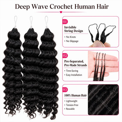 Deep Wave Crochet Human Hair Bundles Boho Braid Hair 100% Remy Pre-Separated Feather Invisible Crochet Hair Extensions For Women