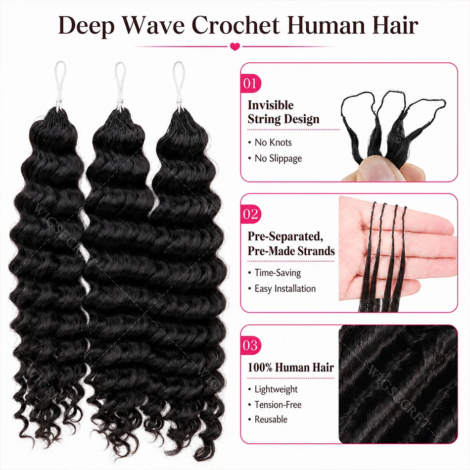 Deep Wave Crochet Human Hair Bundles Boho Braid Hair 100% Remy Pre-Separated Feather Invisible Crochet Hair Extensions For Women