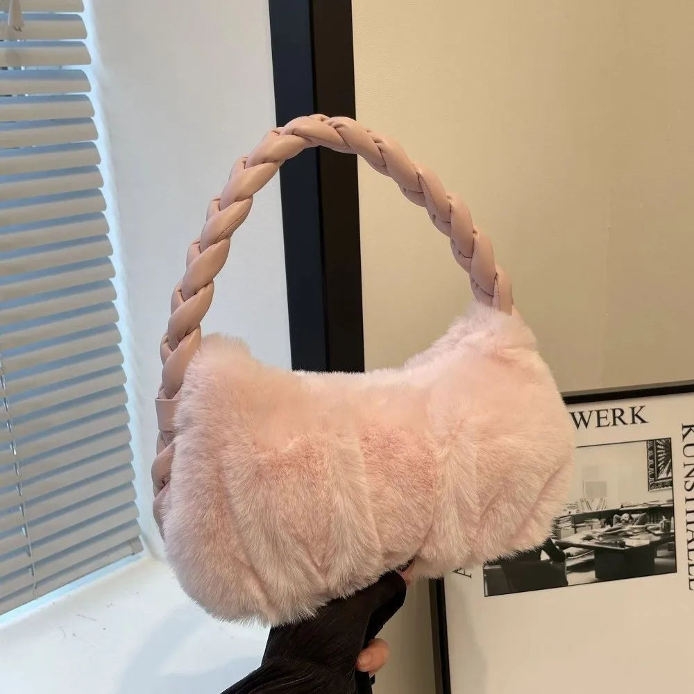 Elegant Furry Shoulder Bag Fluffy Soft Plush Handbag Solid Color Zipper Tote Bag