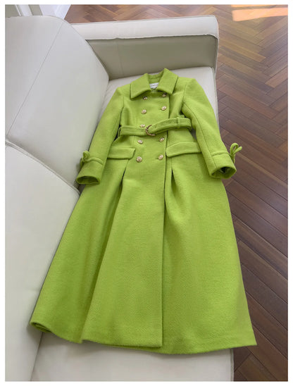 IEQJ Fashion Autumn Winter Green Woolen Coat Women Turn Down Collar Long Sleeves Double Breasted Sashes Slim Blends Coats New