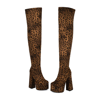 Plus Size High Platform Super Thick Heel Leopard Print Velvet Over The Knee Boots Roman Style Winter Sexy Long Boots