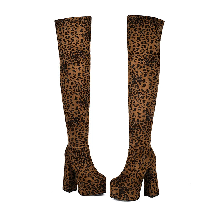 Plus Size High Platform Super Thick Heel Leopard Print Velvet Over The Knee Boots Roman Style Winter Sexy Long Boots