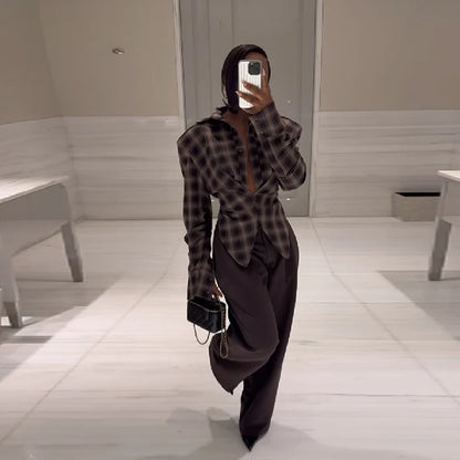 Women Chic Design Sense Plaid Shirt Fashion Casual Waist Cinched Slim Fit Long Sleeved Sexy Shirts  Autumn Stylish Women Tops