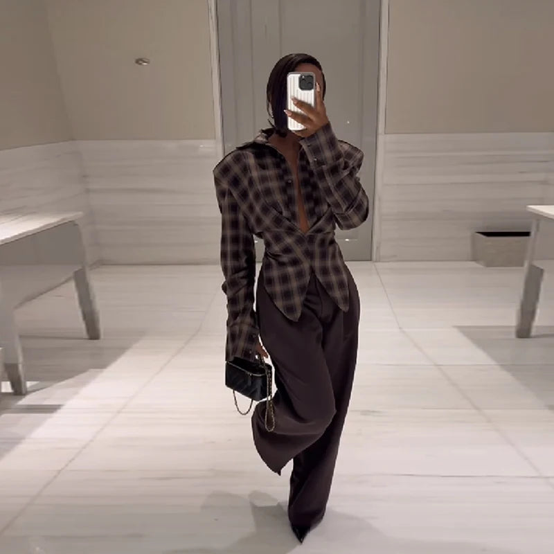 Women Chic Design Sense Plaid Shirt Fashion Casual Waist Cinched Slim Fit Long Sleeved Sexy Shirts  Autumn Stylish Women Tops