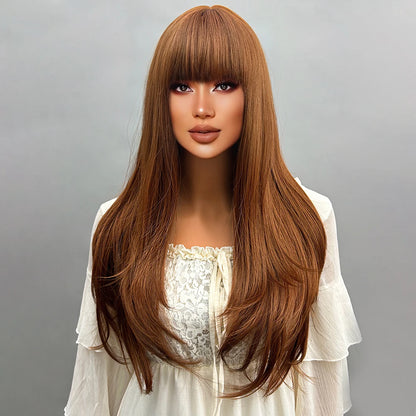 28 Inch Synthetic Women's Wig Light Brown with Highlights Long Wavy Hair Everyday Pretty Party Outfit