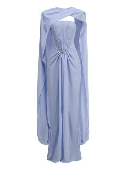 Sexy Strapless Pleated Ruched Long Dress Women Light Blue Sleeveless Mesh Patchwork Halter Slim Dresses Evening Club...