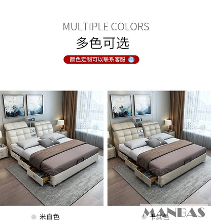 Linlamlim Ultimate Tech Smart Bed - Multifunctional Bedframe with Genuine Leather and Bluetooth Speaker, Drawers,...
