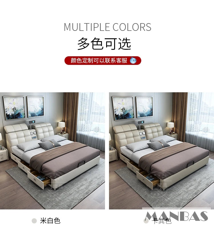 Linlamlim Ultimate Tech Smart Bed - Multifunctional Bedframe with Genuine Leather and Bluetooth Speaker, Drawers,...