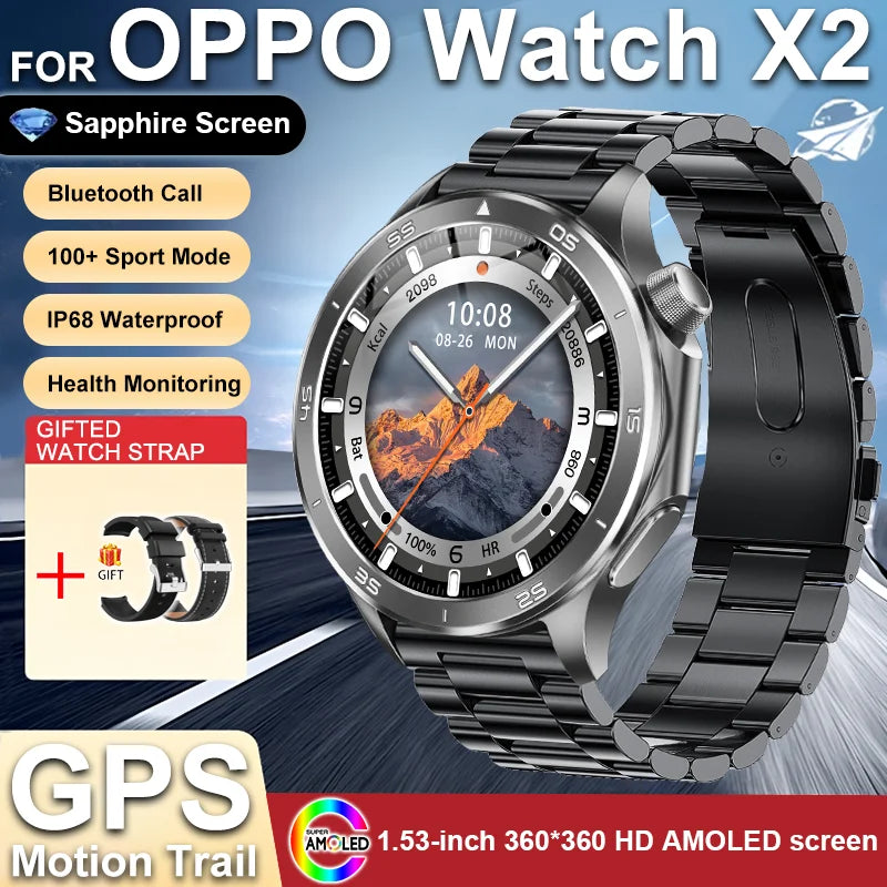2025 NEW OPPO WANCH X2 MAX Outdoor Sports Men SmartWatch GPS Motion Trajectory Compass AMOLED Screen IP67 Waterproof Smart Watch
