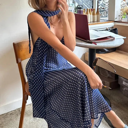 Coquette Y2k V Neck Tie Back Spaghetti Strap Maxi Dresses Women Polka Dot Summer Dress with Scarf 2025 Slim Fit A Line...