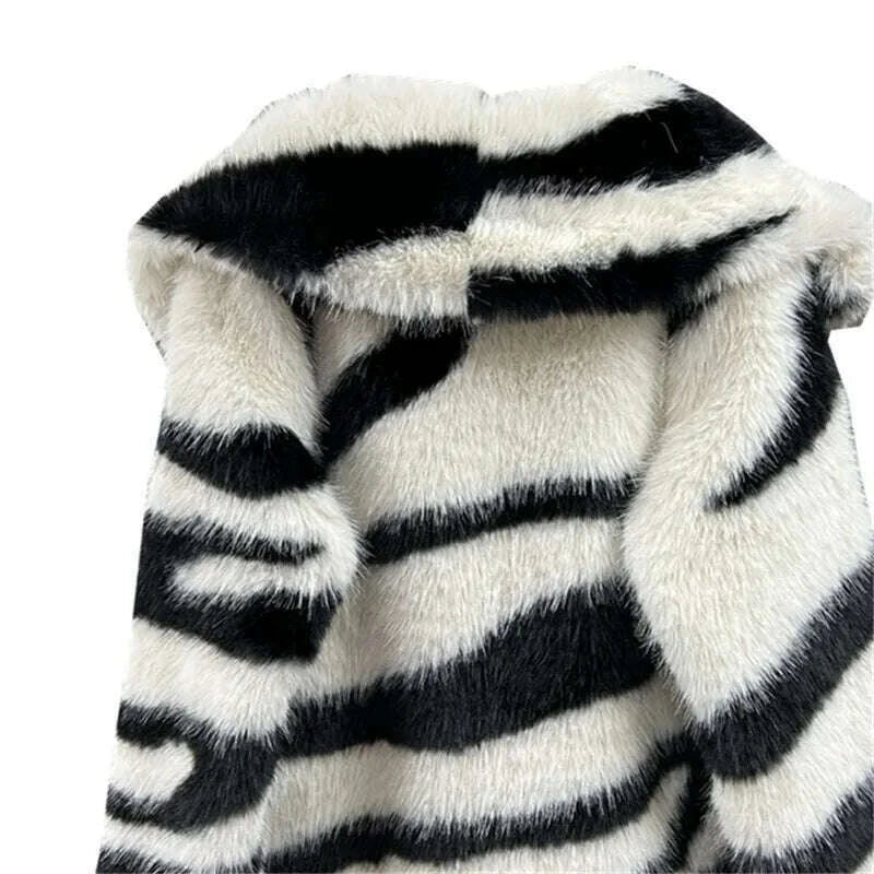 DEAT 2024 Winetr New Fashion Women's Faux Fur Coat Big Collar Contrast Color Striped Long Sleeve Wram Thick Jackets 29L8619