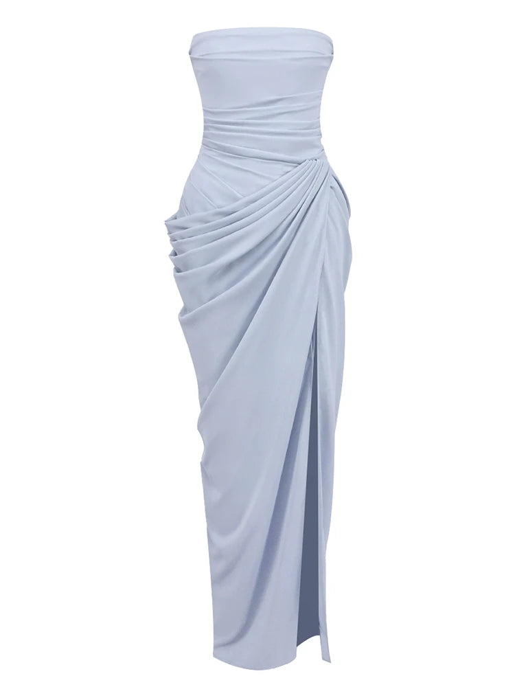 Sexy Strapless Folds Ruched High Split Long Dress Women Sleeveless Backless Lace-up Slim Dresses Celebrity Evening Party Gowns