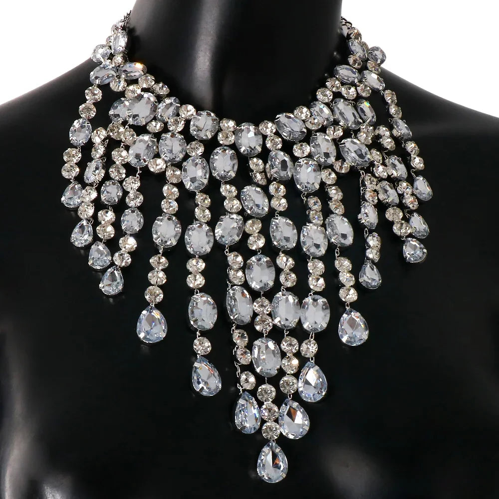 Exaggerated Big Necklace Crystal Women Luxury Statement Jewelry Rhinestone Fringe Tassel Choker Necklace Large Masquerade Gift