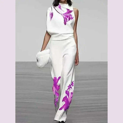 Spring Summer Fashion Printed Set For Women's Casual Sleeveless Shirt Top + Wide-leg Trousers 2-piece Suit Office Women Outfit