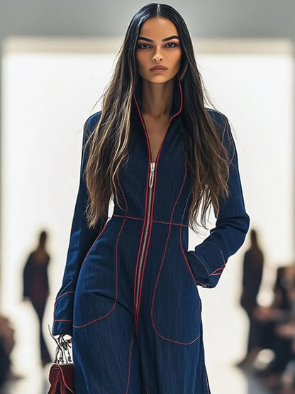 Slim Fit Stand Collar Long Sleeve Casual Cargo Jumpsuit 2025 New Style Europ-American High-Grade Waist-Cinched Wide-Leg...