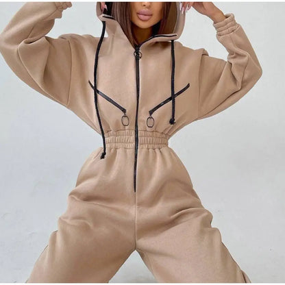 Long Sleeve Sports Casual Women's Hooded Overall Pants Jumpsuits Solid Color Jumpsuit Women One-Piece Suit - Kimlud