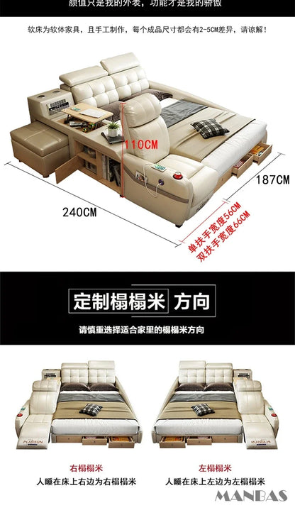 MINGDIBAO Massage Bed with Ultimate Comfort and Genuine Leather Multifunctional Frame - Bluetooth Speaker, Safe Air...