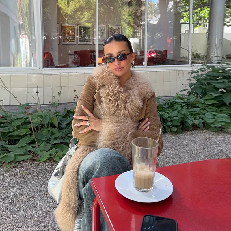 Vintage Patchwork Women's Faux Fur Trim Coat Urban Lapel Full Sleeve Female Jacket Female 2026 Spring Winter Lady Streetwear New