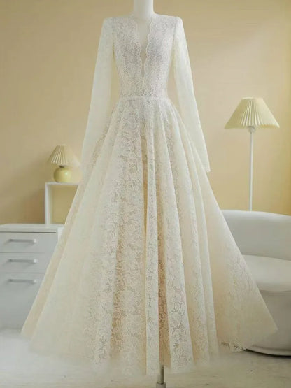 Eshin Elegant Women Lace Maxi Dress Long Sleeve Deep V Neck High Waist A-Line Floor Length Evening Party Formal Dresses SA1529 - Kimlud