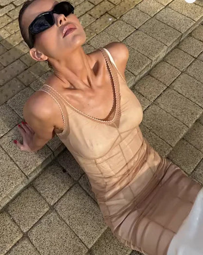Sexy Solid Fishbone V-neck Dress Women Elegant Solid Sleeveless Pleated Slim Waist-cinching Mini Dresses 2026 Summer Party Gown