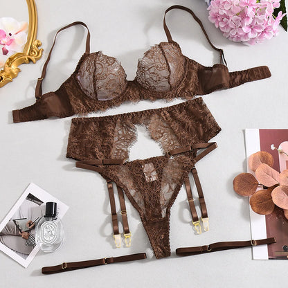 Ellolace Elegant Lingeries Sexy Hot Exclusive Coffee Bra Belt Thong 3PC with Leg Circles Cute Intimate Lace Tempted Tipsy Set