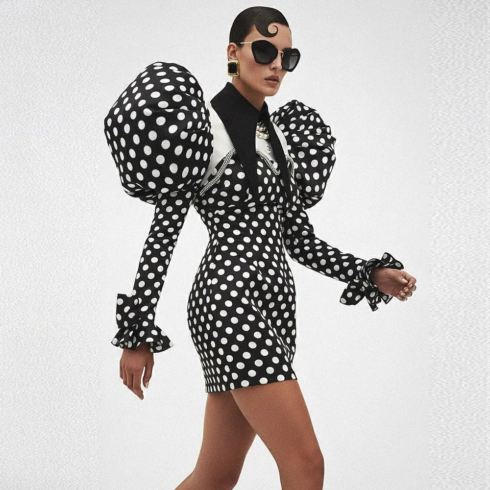 Couture Black Polka Dots Short Women Party Dresses With Crytsal Details Fashion Puffy Sleeves Mini Dress - Kimlud