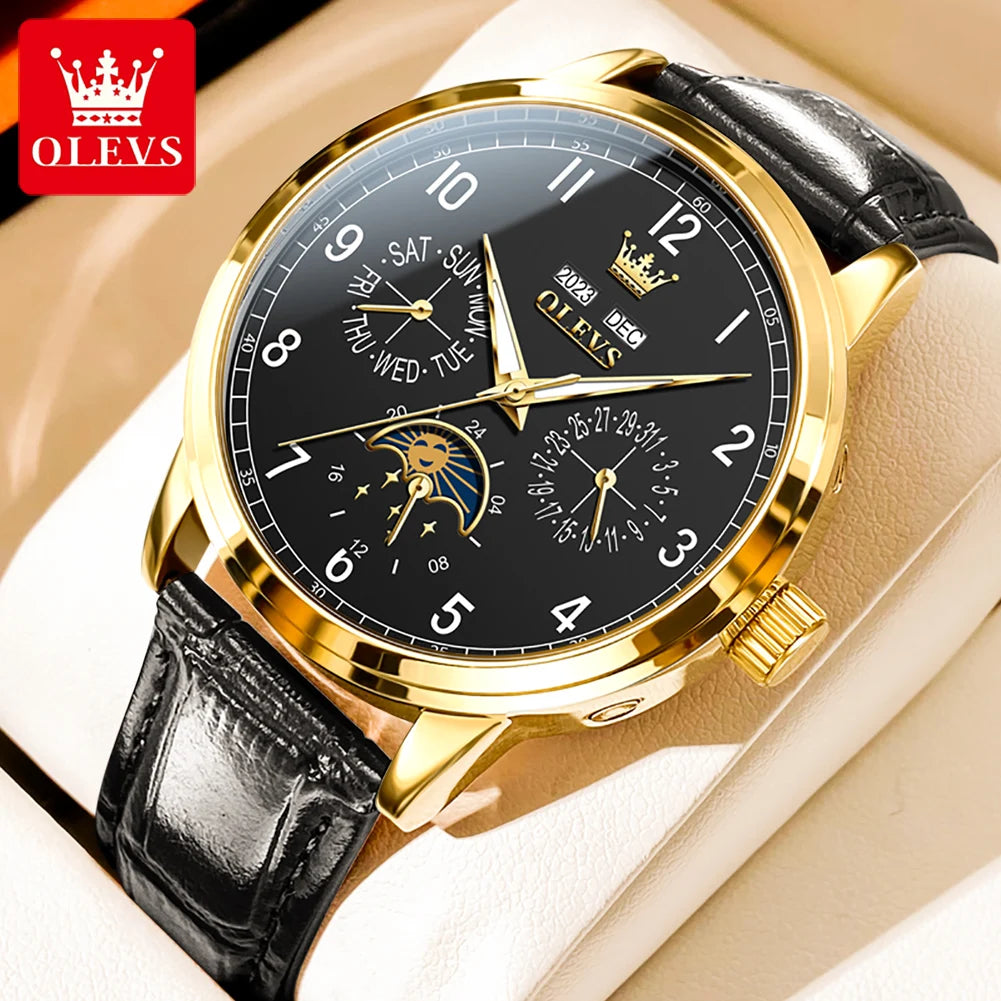 OLEVS 6698 Mens Watch Luxury Dress Brand Moon Phase Automatic Mechanical Watch For Men Leather Waterproof Dual Calendar...