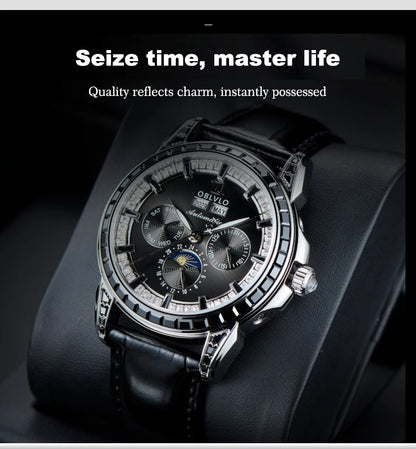 OBLVLO Men's Fashion Automatic Watch Colorful Zircon Moonphase Mechanical Multifunctional Black Leather Strap Timepiece...