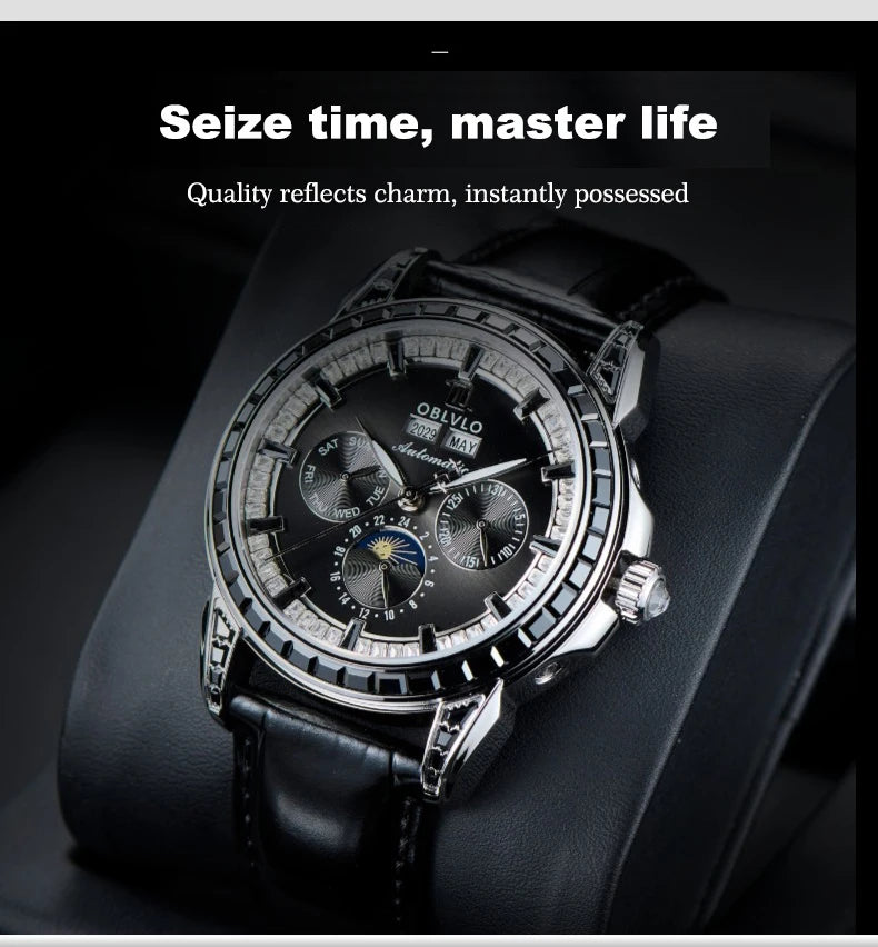 OBLVLO Men's Fashion Automatic Watch Colorful Zircon Moonphase Mechanical Multifunctional Black Leather Strap Timepiece...