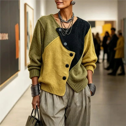 Women Patchwork Knit Cardigan Asymmetric Button Long Sleeve Loose Sweater Coat Retro Casual Autumn Winter Female...
