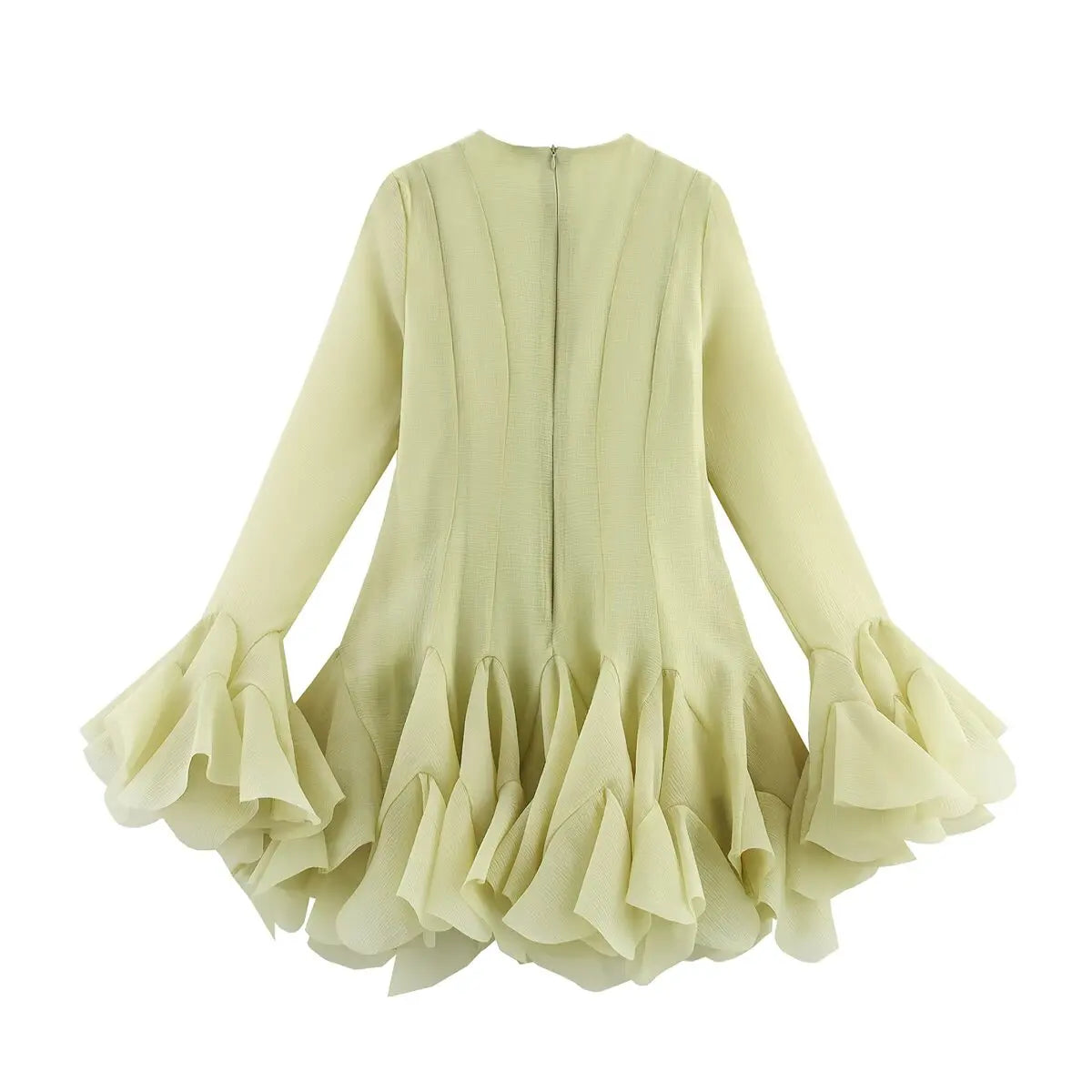 2026 Summer Women's Elegant Multi-Layered Ruffled Hem Mini Dresses Lady Sweet French Style Long Flare Sleeve Slim Fit Puffy Robe - Kimlud