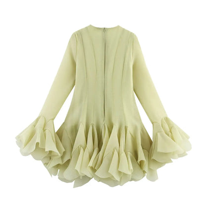 2026 Summer Women's Elegant Multi-Layered Ruffled Hem Mini Dresses Lady Sweet French Style Long Flare Sleeve Slim Fit Puffy Robe - Kimlud