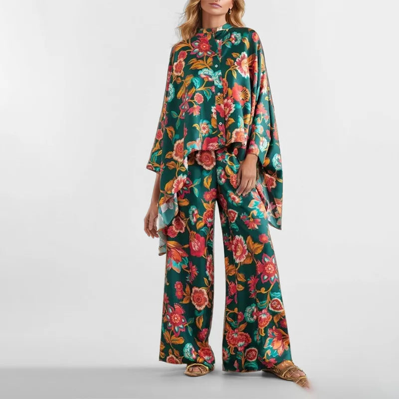 2 Piece Sets Fashion Women's Irregular Geometric Print Pants Sets Long Sleeve Shirts And Wide Leg Pants Stylish Streetwear Suit