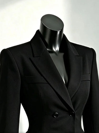 Elegant Autumn Unique Black Blazer Jacket Women Korean Fashion Double Breasted Waist Cinched Irregular Hem Office Casual Outfit