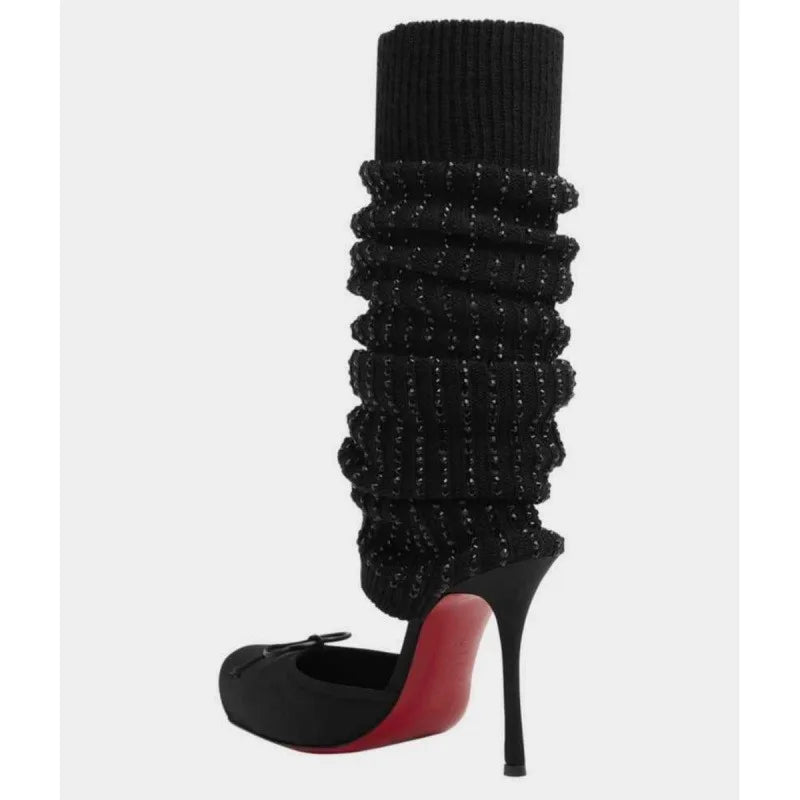 European AndAmerican Trendy High-heeled Square Toe Ballet Shoes for Women,sexy Rhinestone Bow Bag and Long Tube Socks,cool Boots - Kimlud
