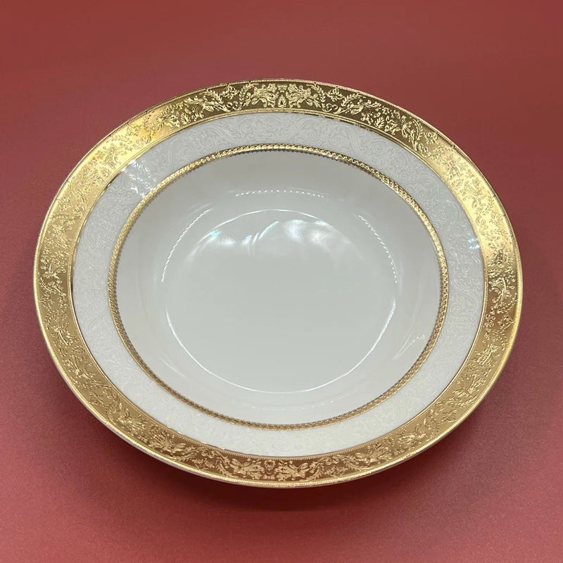 Luxurious disc relief inlaid with golden beef steak plate, palace style bone porcelain, European style gold edged tableware