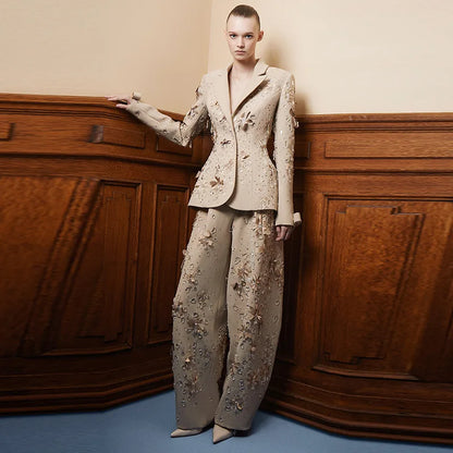 HIGH STREET Newest Fashion 2026 Designer Runway Suit Set Women's Luxurious Beading Flower Suit Trousers Pants Suit 2pcs...