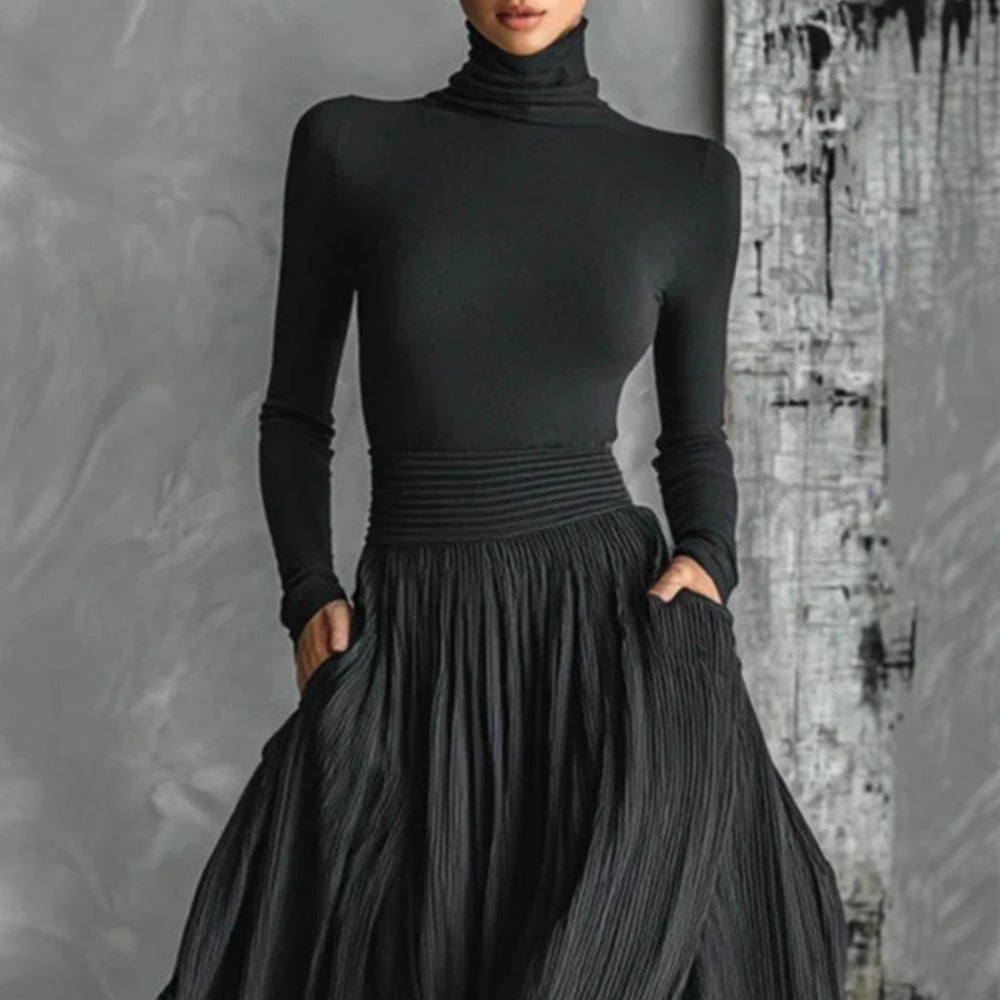 France Vintage Elegant Two Piece Skirt Set for Women's Pockets Solid Minimalist Split Hem Pleated A-line Turtleneck Autumn