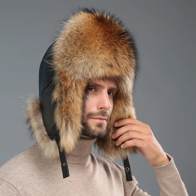 New Winter Men's 100% Real Silver Fox Fur Bomber Hat Raccoon Fur Ushanka Cap Trapper Russian Man Ski Hats Caps Real Leather Hat