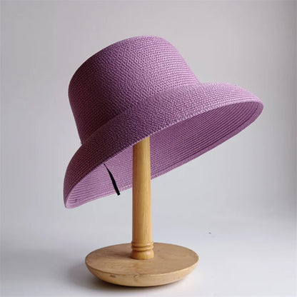 New Summer Sun Hats Ladies Solid Plain Elegant Wide Brim Hat Female Round Top Panama Floppy Straw Beach Hat Women |...