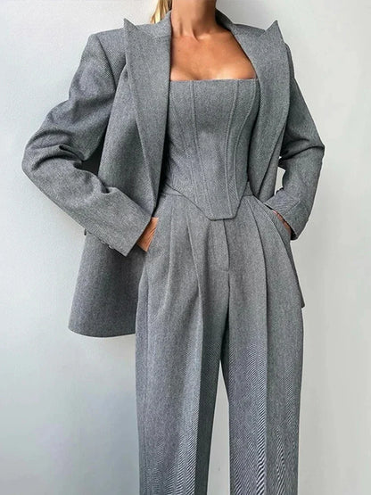 Temperament Fishbone Top Blazer Pants Sets 3 Pieces For Women Solid Jacket Crop Tops High Waist Pocket Pant Lady Office Set 2025