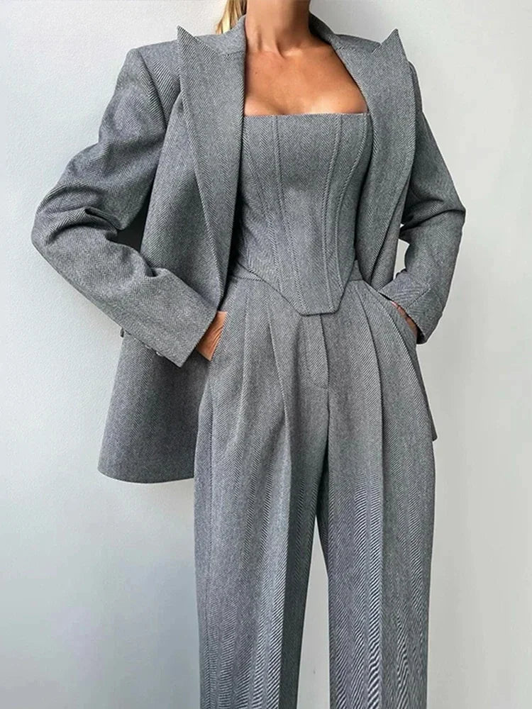 Temperament Fishbone Top Blazer Pants Sets 3 Pieces For Women Solid Jacket Crop Tops High Waist Pocket Pant Lady Office Set 2025