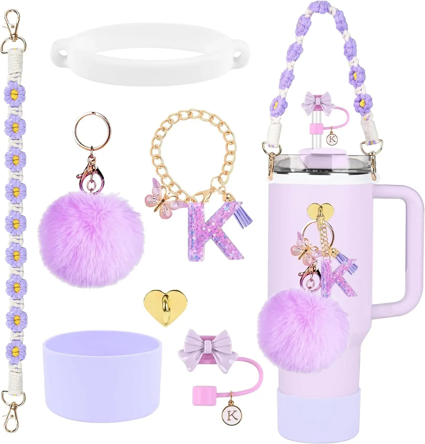 7PCS Accessories Set for Stanley Cup Purple Straw Topper Cup Boot Water Bottle Handle Strap Letter Charms 40oz 30oz Tumbler