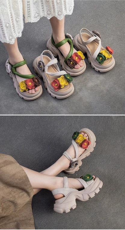 Koznoy 7cm Cow Genuine Leather Platform Wedge Women Summer Flower Slippers Pumps Hook Hollow Mary Jane Sandals Shoes Flats - Kimlud