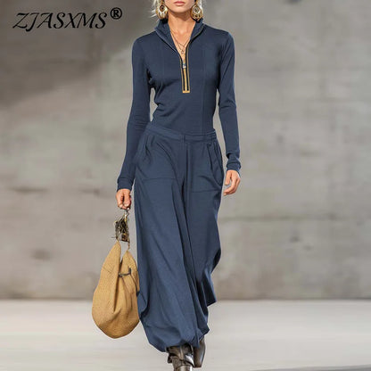 Retro Solid Zipper Hooded Top Pullover+High Waist Pants Outfit Woman Sexy Stand Collar Overalls Suit Chic Long Sleeve Autumn Set