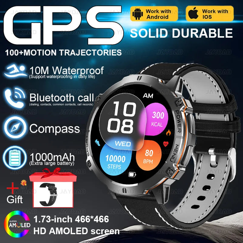 2025New Outdoor Military GPS Compass Smart Watch Men 1.73"HD AMOLED Screen 1000MAH Heart Rate BT Call IP68 Waterproof Smartwat