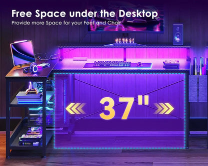 48-Inch L-Shaped Gaming Desk with USB Ports, LED Lights, Storage Shelves & Power Outlets in Black